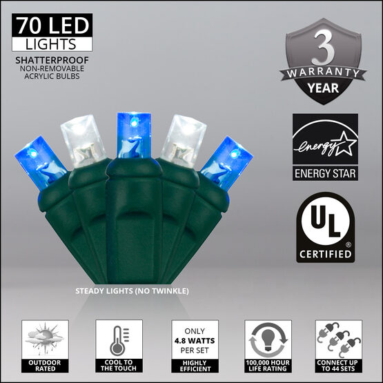 24' Wide Angle LED Mini Lights, Blue, Cool White, Green Wire