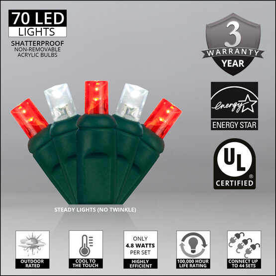 24' Wide Angle LED Mini Lights, Red, Cool White, Green Wire