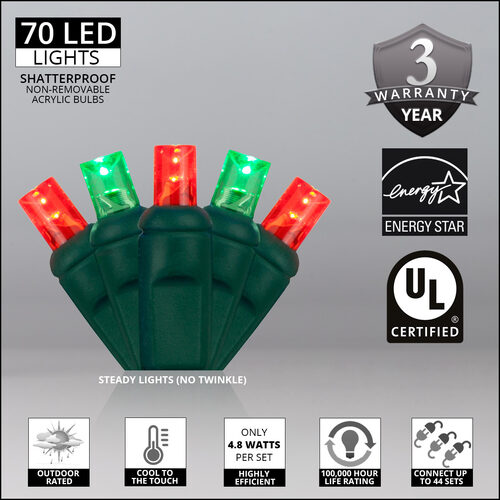 24' Wide Angle LED Mini Lights, Red, Green, Green Wire