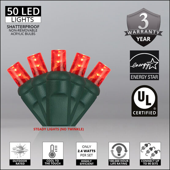 26' Wide Angle LED Mini Lights, Red, Green Wire