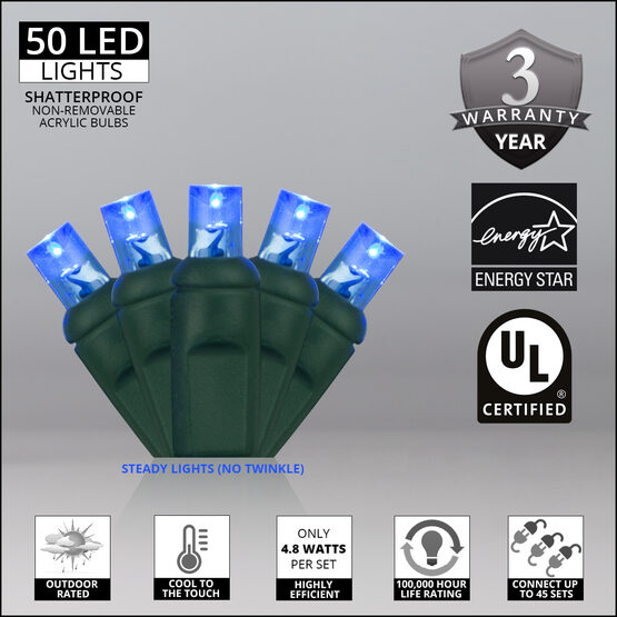 26' Wide Angle LED Mini Lights, Blue, Green Wire