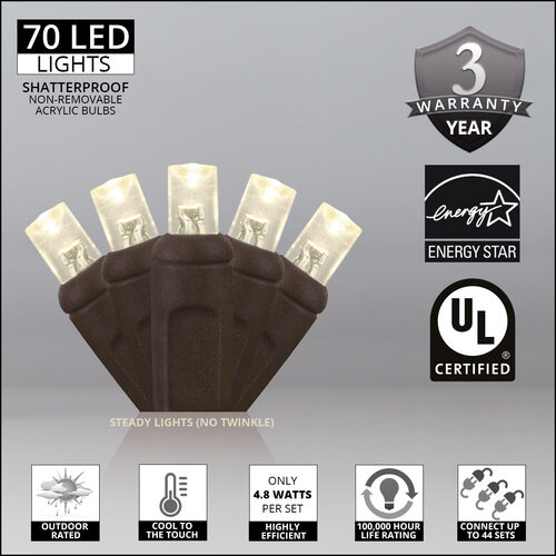 24' Wide Angle LED Mini Lights, Warm White, Brown Wire