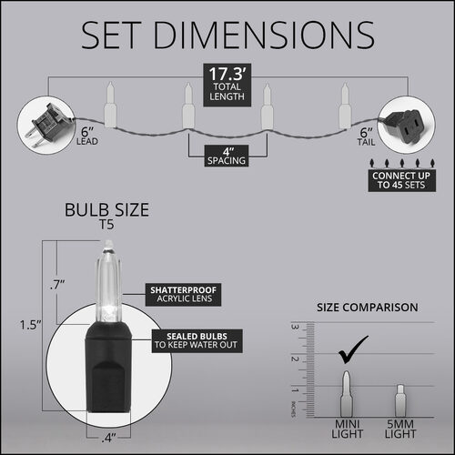 17' T5 Mini Christmas String Lights, Warm White, White Wire