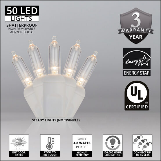17' T5 Mini Christmas String Lights, Warm White, White Wire