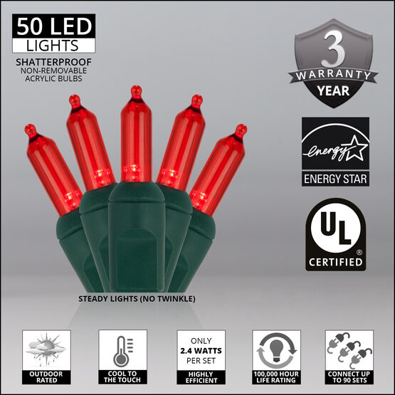 26' T5 Mini Christmas String Lights, Red, Green Wire