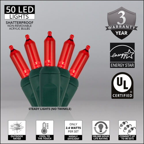 26' T5 Mini Christmas String Lights, Red, Green Wire