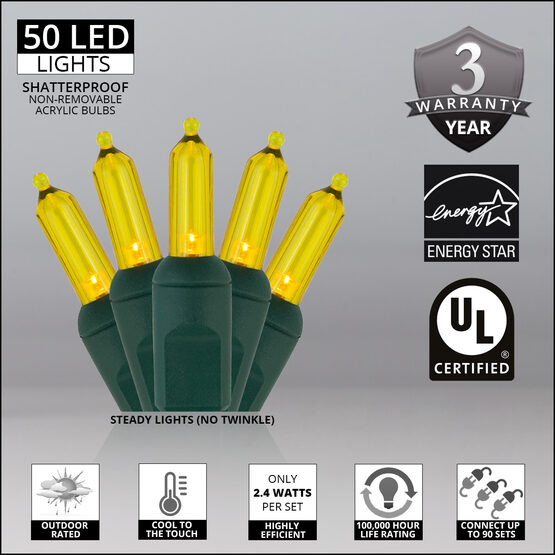 26' T5 Mini Christmas String Lights, Gold, Green Wire
