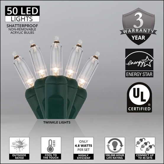 26' T5 Mini Christmas String Lights, Warm White Twinkle, Green Wire