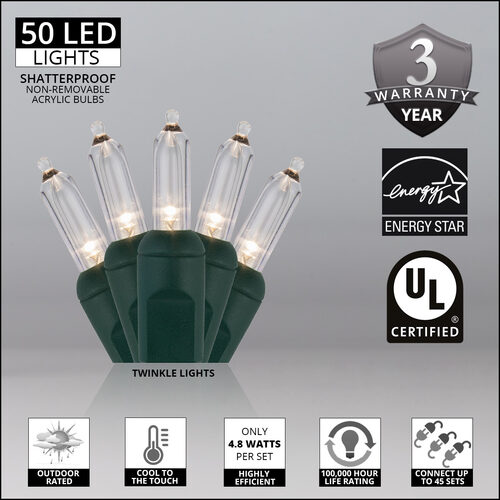 26' T5 Mini Christmas String Lights, Warm White Twinkle, Green Wire