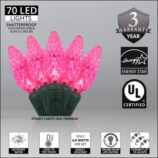 24' Strawberry LED String Lights, Pink, Green Wire