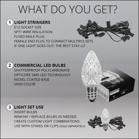 OptiCore C7 Commercial LED String Lights, Amber, 25 Lights, 25'
