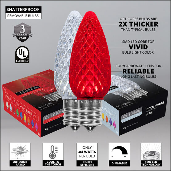 OptiCore C9 Commercial LED String Lights, Cool White / Red, 50 Lights, 50'