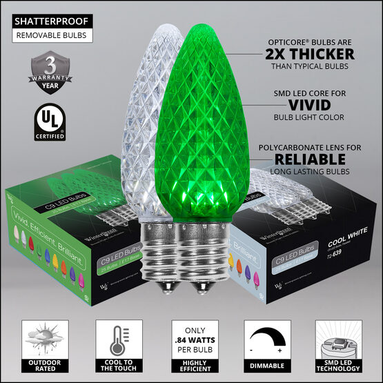 OptiCore C9 Commercial LED String Lights, Cool White / Green, 50 Lights, 50'