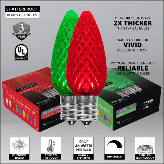 OptiCore C9 Commercial LED String Lights, Green / Red, 50 Lights, 50'