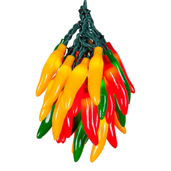 Chili Pepper Cluster Light Set, 35 Multicolored Lights, Green Wire