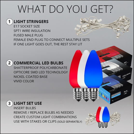 75' Patio String Light Set, 75 Red, White and Blue C9 OptiCore LED Bulbs