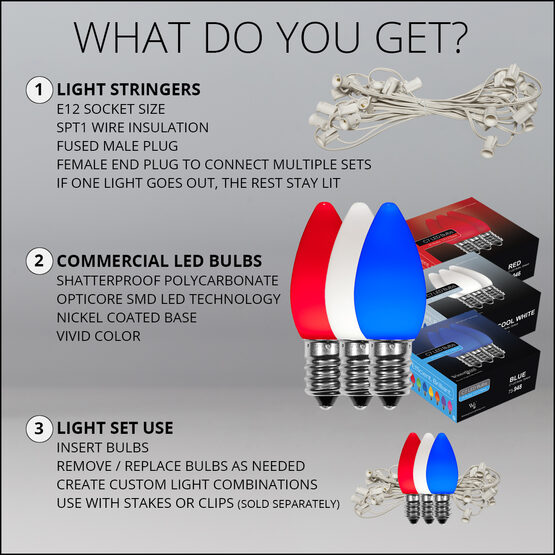 75' Patio String Light Set, 75 Red, White and Blue C7 OptiCore LED Bulbs