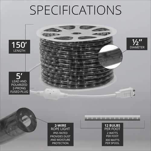 150' Pearl White Rope Light, 2 Wire 1/2