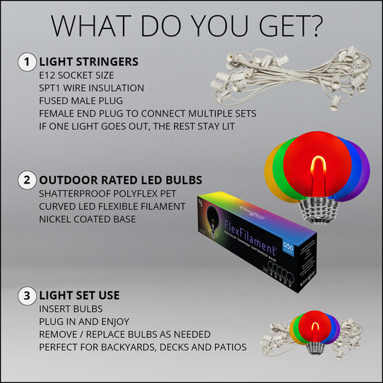 10' Patio String Light Set, 10 Multicolor G50 FlexFilament TM LED Shatterproof Bulbs, White Wire