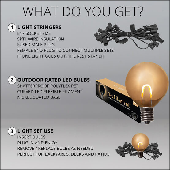 10' Patio String Light Set, 10 Warm White G50 FlexFilament TM LED Shatterproof Bulbs, Black Wire
