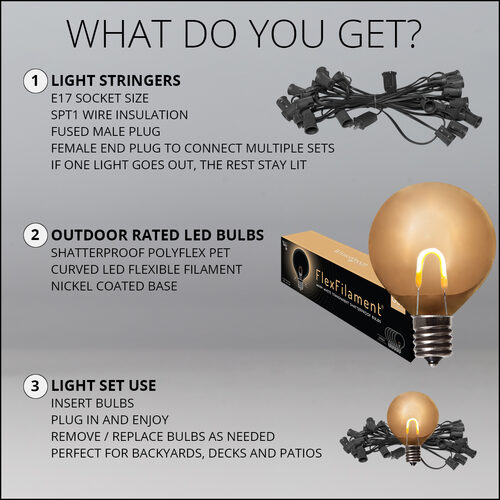 10' Patio String Light Set, 10 Warm White G50 FlexFilament TM LED Shatterproof Bulbs, Black Wire