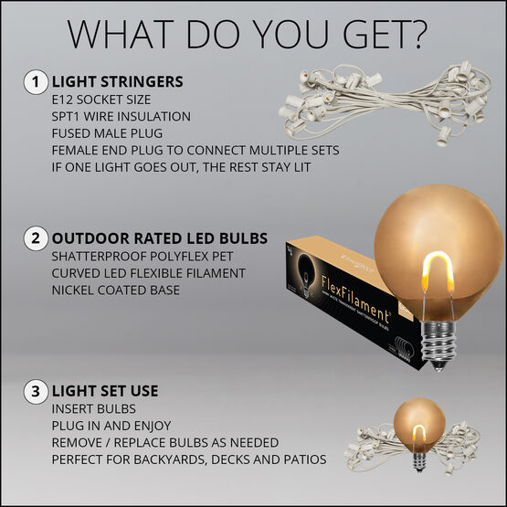 10' Patio String Light Set, 10 Warm White G50 FlexFilament LED Shatterproof Bulbs, White Wire