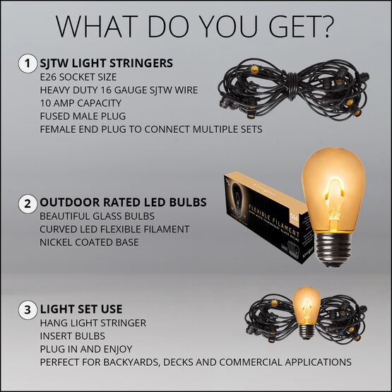 30' Commercial Patio String Light Set, 10 Warm White S14 FlexFilament TM LED Glass Bulbs, Black Wire