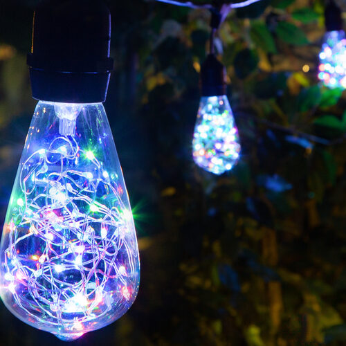 15' Commercial Patio String Light Set, 10 RGB Color Change ST64 LEDimagine TM Fairy Light Bulbs, Suspended, Black Wire