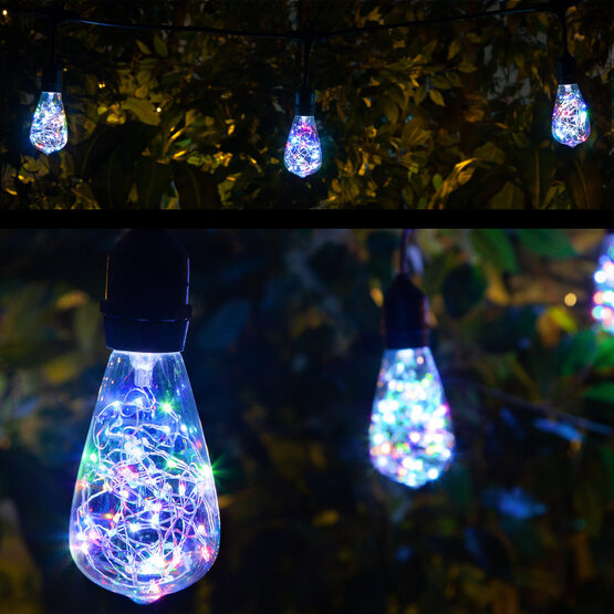 30' Commercial Patio String Light Set, 10 RGB Color Change ST64 LEDimagine TM Fairy Light Bulbs, Suspended, Black Wire