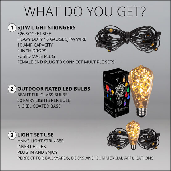 30' Commercial Patio String Light Set, 10 Warm White ST64 LEDimagine TM Fairy Light Bulbs, Suspended, Black Wire