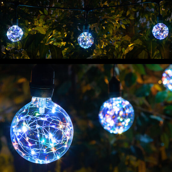 30' Commercial Patio String Light Set, 10 RGB Color Change G95 LEDimagine TM Fairy Light Bulbs, Suspended, Black Wire