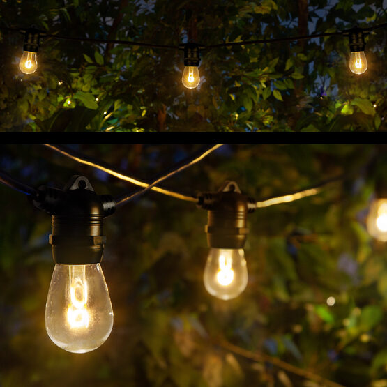 30' Commercial Patio String Light Set, 10 Warm White S14 FlexFilament LED Glass Bulbs, Black Wire