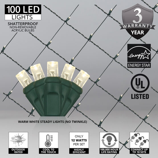 4' x 6' 5mm LED Net Lights, Warm White, Green Wire