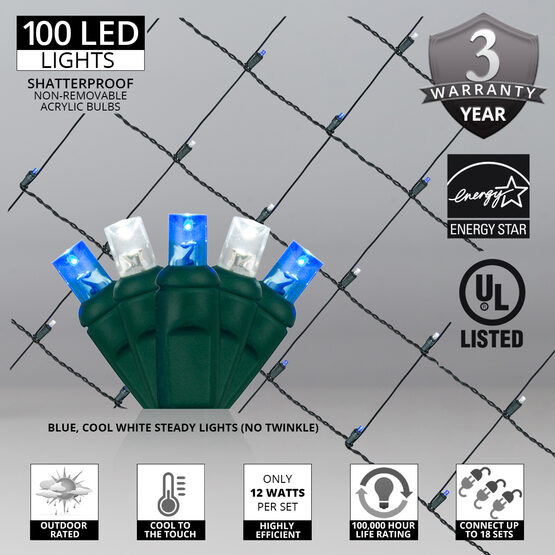 4' x 6' 5mm LED Net Lights, Blue, Cool White, Green Wire