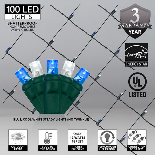 4' x 6' 5mm LED Net Lights, Blue, Cool White, Green Wire