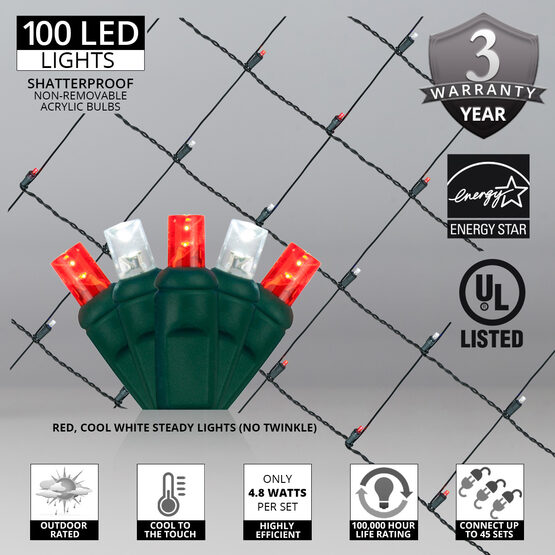 4' x 6' 5mm LED Net Lights, Red, Cool White, Green Wire