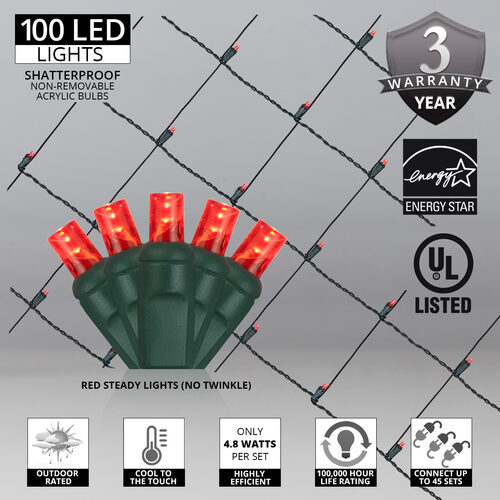 4' x 6' 5mm LED Net Lights, Red, Green Wire