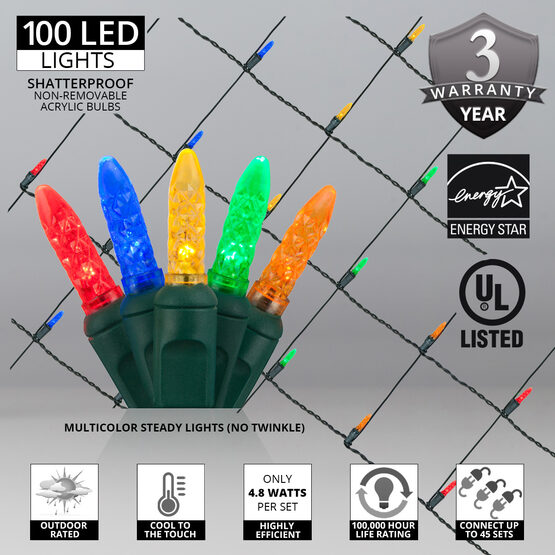 4' x 6' M5 LED Net Lights, Multicolor, Green Wire