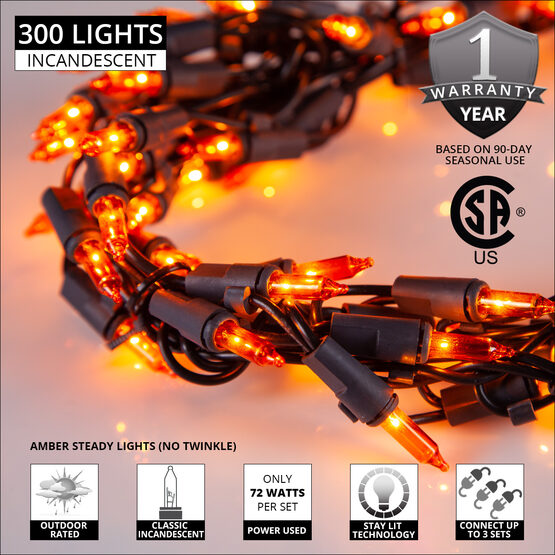 9' Halloween Garland Lights, 300 Amber Lamps, Black Wire