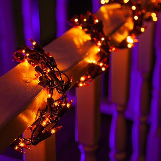 9' Halloween Garland Lights, 300 Amber Lamps, Black Wire