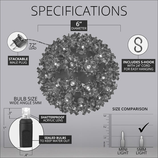 6" Light Sphere, 70 Warm White 5mm LED Lights