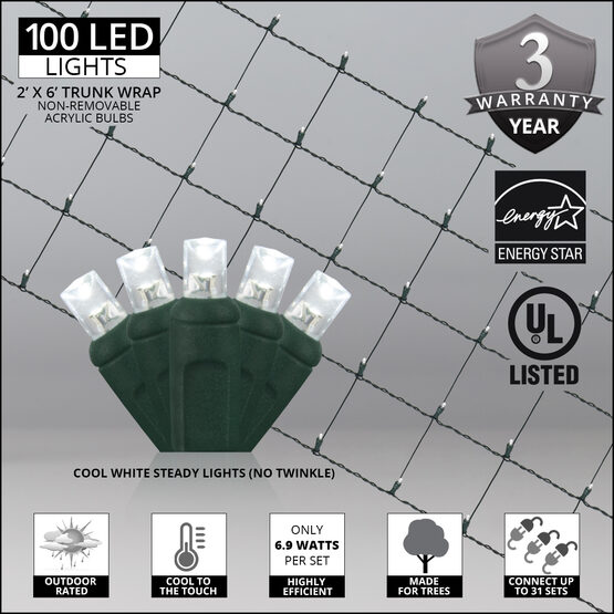 LED Trunk Wrap Lights, 2' x 6', Cool White, Green Wire