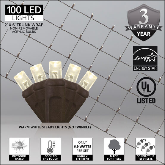 LED Trunk Wrap Lights, 2' x 6', Warm White, Brown Wire