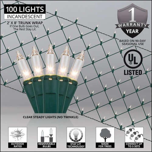 Trunk Wrap Lights, 2' x 8', Clear, Green Wire