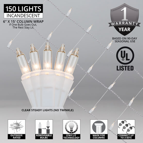Column Wrap Lights, 6" x 15', Clear, White Wire