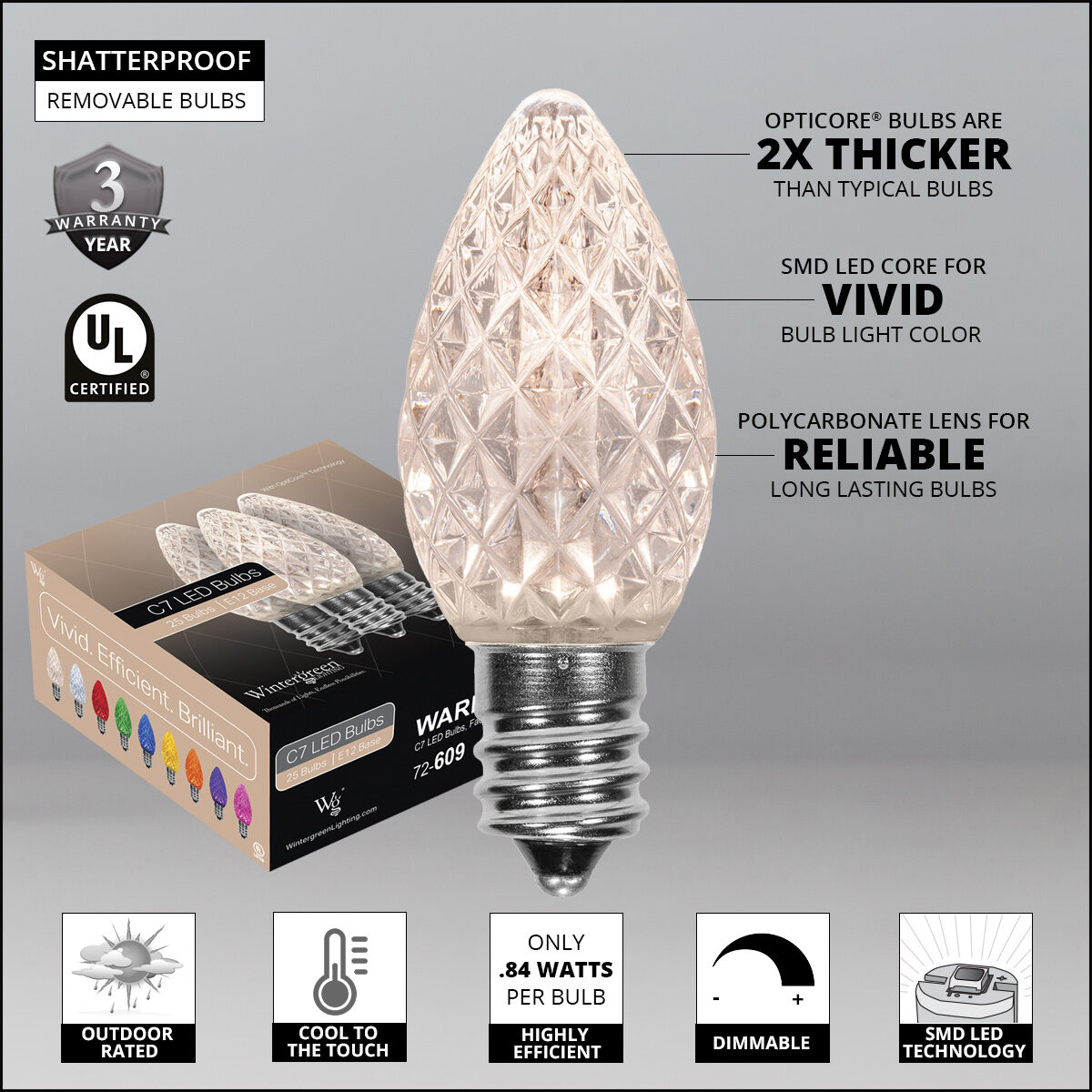 Opticore C7 Warm White Commercial LED String Lights, 7.5 inch Stakes