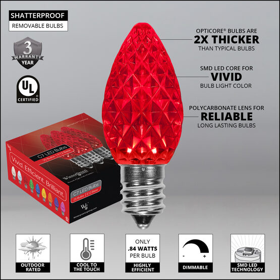 OptiCore C7 Commercial LED String Lights, Red, 25 Lights, 25'