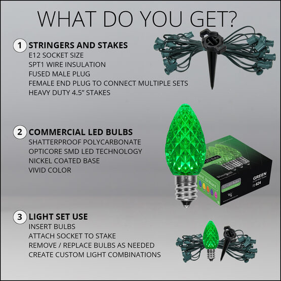 OptiCore C7 LED Walkway Lights, Green, 4.5" Stakes, 25'