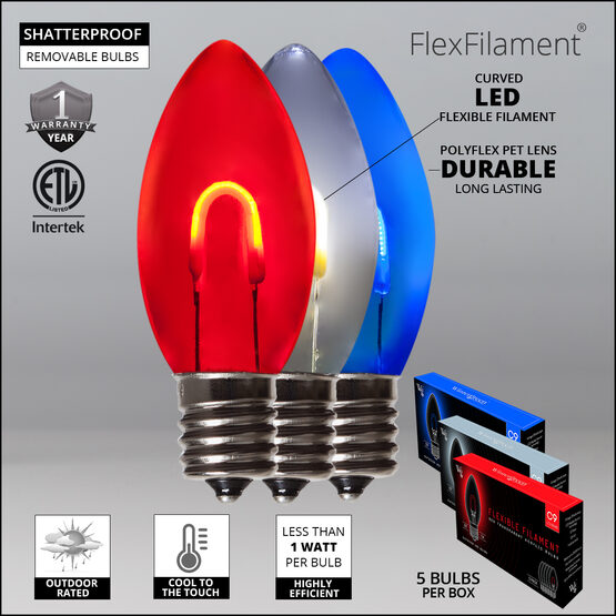 FlexFilament C9 Shatterproof LED Walkway Lights, Red / White / Blue, 4.5" Stakes, 15'