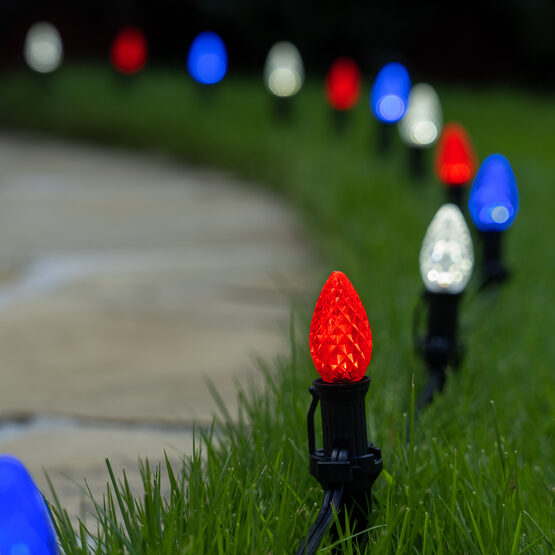 OptiCore C7 LED Walkway Lights, Red / White / Blue, 4.5" Stakes, 75'